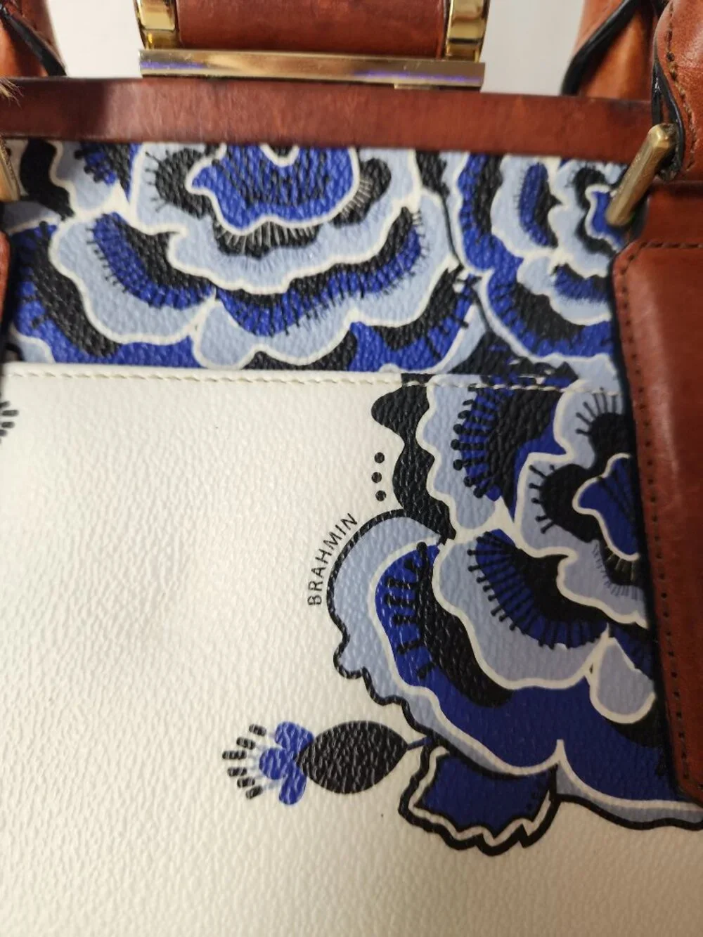 Brahmin Frame Satchel Blue Delft floral birds print hand bag classic rare - Picture 8 of 16